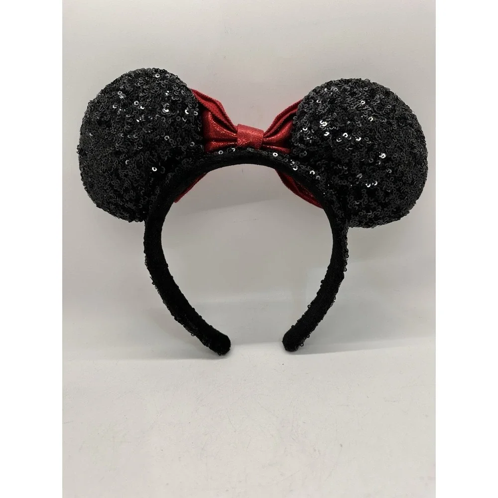 Disney Parks Black‎ Sequin Minnie Mouse Ears Headband Red Lamè Bow Classic